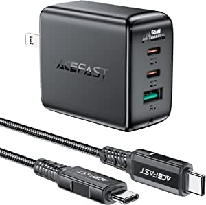 ACEFAST PD 65W 3 端口(双 USB C + USB A)快速充电器套装(包括编织 USB C 线)(23.99 加元)