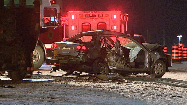 A car was severely damaged following an early morning crash on Highway 401 in Ajax on Friday.