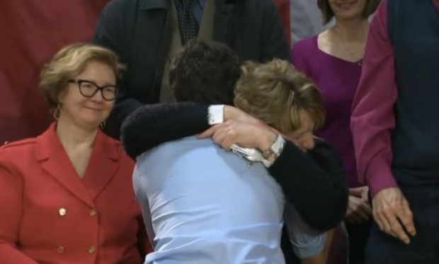 Trudeau hugs Kathy Katula