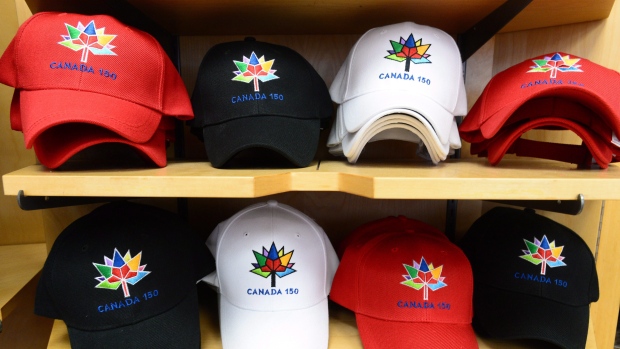 Canada150 ball caps are shown for sale in Ottawa. 
