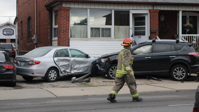 The scene of a five-car collision in a west Toronto neighbourhood is seen on August 21, 2022. (Dimitri Karakostas)