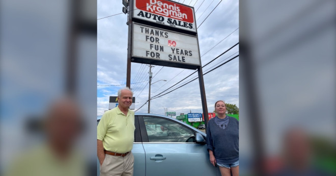 Dennis Krogman (left) and his daughter Denise Krogman have put their car dealership next to a London safe injection site up for sale. Oct. 13, 2022. (Sean Irvine/CTV News London)