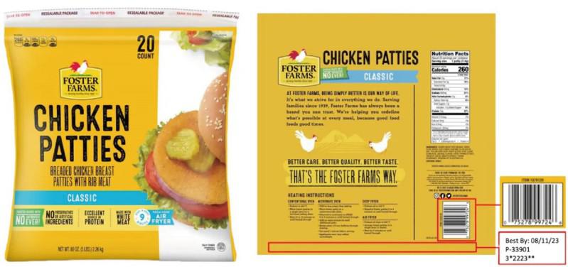 Foster Farms在8月11日所生产的14.8万磅冷冻熟食—鸡胸肉饼，因消...