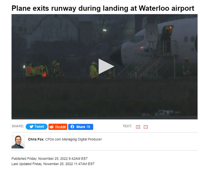 突发！载134名乘客温哥华航班降落失败 滑出跑道