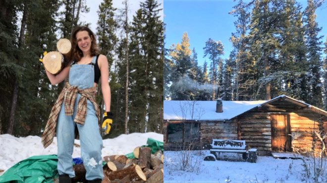 Danielle d’Entremont can be seen alongside the cabin she lives in. (d’Entremont)