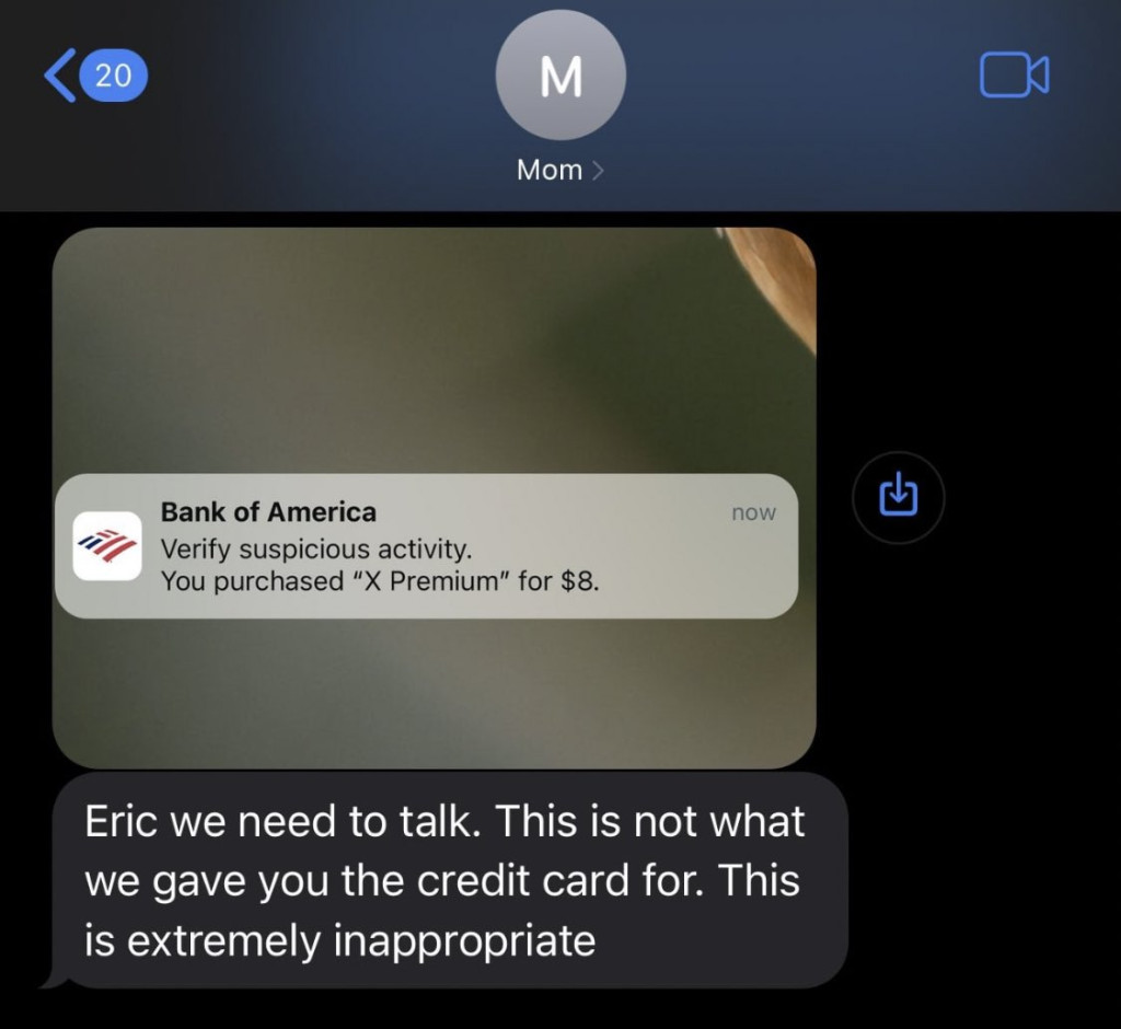 埃里克(Eric Zhu)在Twitter贴图,表示因为花钱买Twitter蓝剔而被母亲「约谈」。