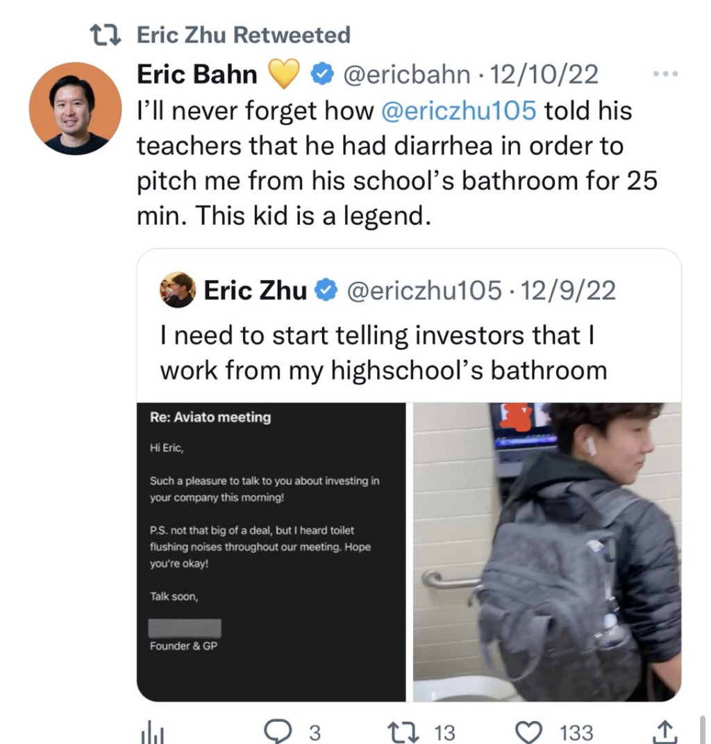 合作伙伴证实边听厕所冲水声边听埃里克(Eric Zhu)推销。