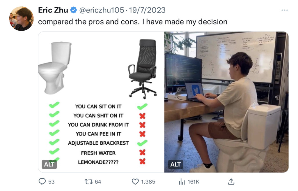 埃里克(Eric Zhu)目前以马桶作为办公室坐椅,还分析马桶优胜之处。 Twitter@EricZhu105