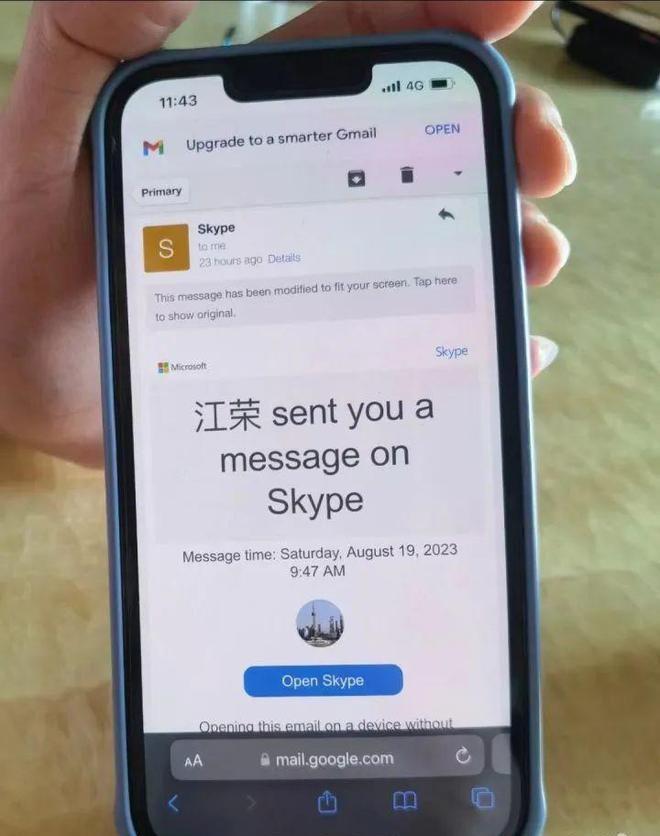 對方自稱是「上海嘉定警察局」的民警，因為小王在美國，對方提出通過skype軟件以視頻連線製作筆錄，圖為手機信息截圖。（取材自橙柿互動）