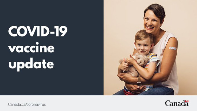 Mother with her son on her lap. The child is holding a teddy bear in his arms. They both have a bandage on their arm. Image reads: COVID-19 vaccine update