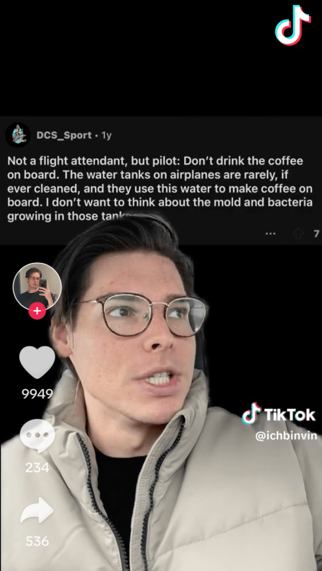 网名为Kevin的男空服员爆料,自己绝对不会在飞机上喝咖啡。 网名为Kevin的男空服员爆料,自己绝对不会在飞机上喝咖啡。