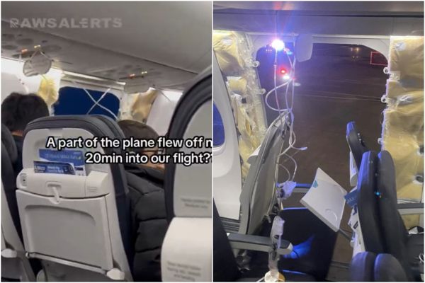 阿拉斯加航空客机氧气面罩降下，机身有大片窗户消失。 网片截图