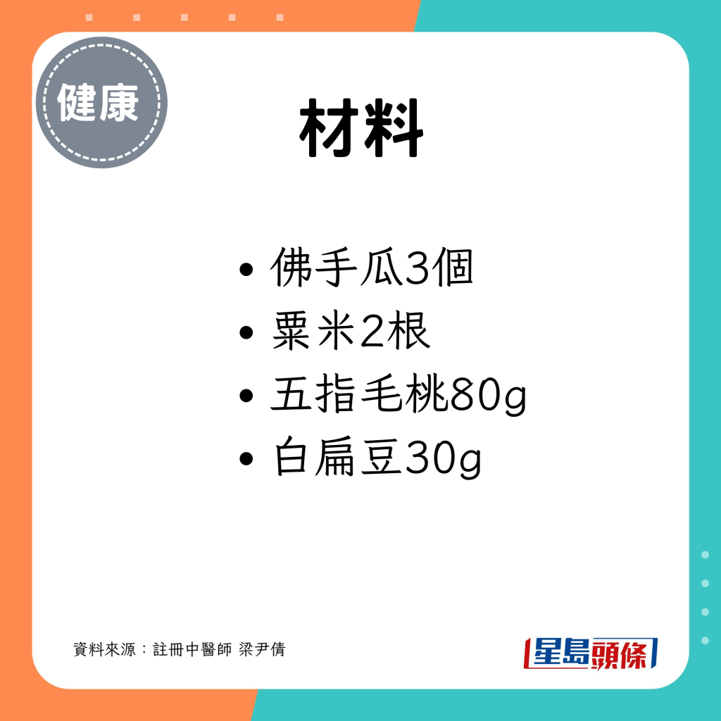 佛手瓜3个、粟米2根、五指毛桃80g、白扁豆30g