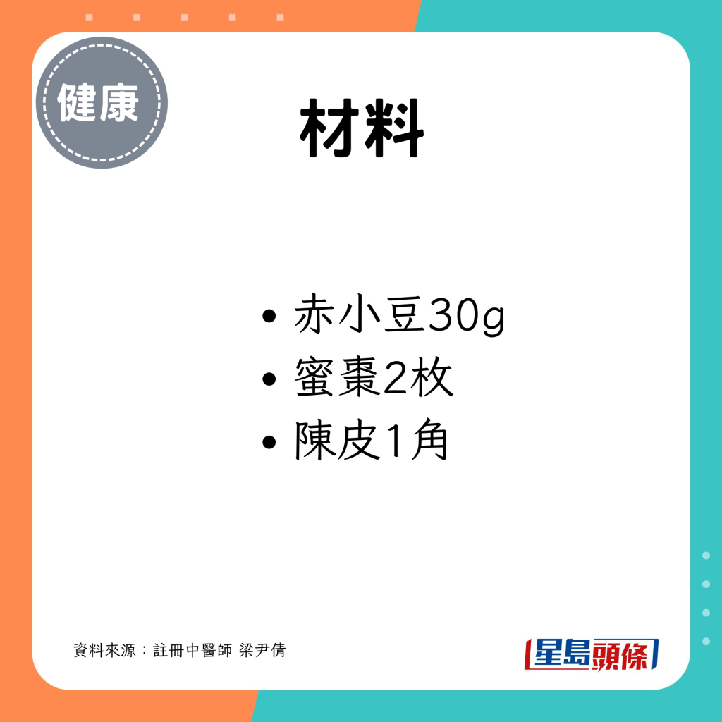 赤小豆30g、蜜枣2枚、陈皮1角