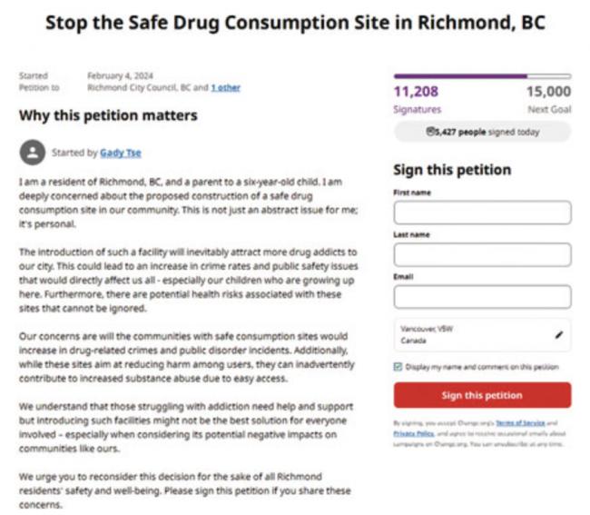 逾1.1万人网上联署反对 列治文研建毒品安全屋