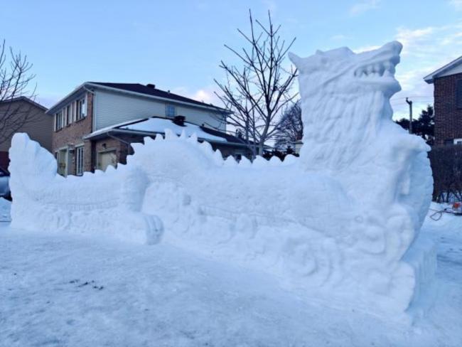 壮观：加拿大华人家门前雪雕长龙贺新春