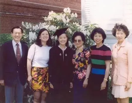 ·1994年6月9日，赵安吉从哈佛毕业时，与父母及同是哈佛校友的姐姐赵小兰（右二）、赵小美（右一）、赵小婷（左二）合影。