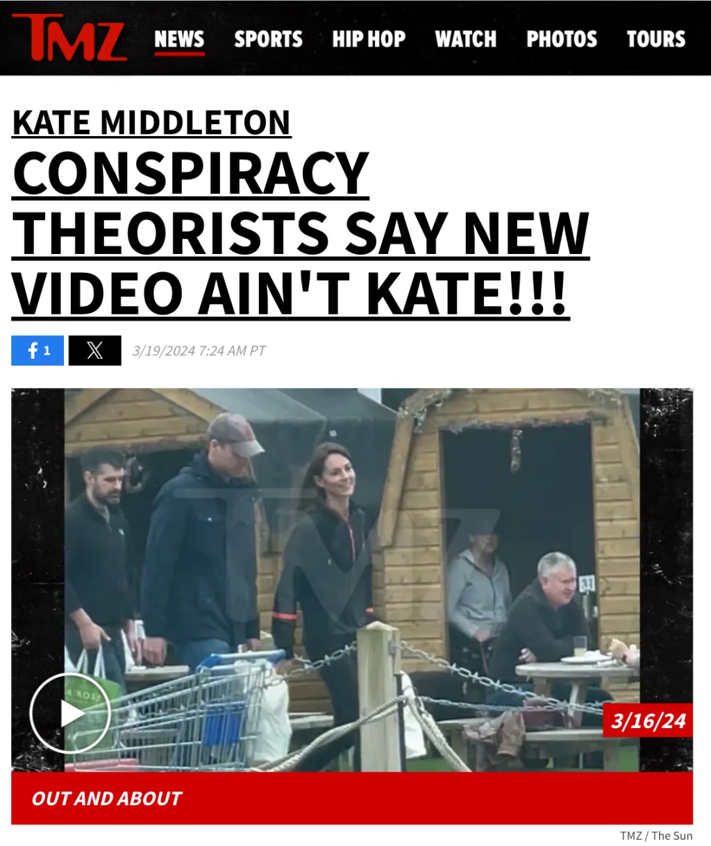 有份发布凯特「术后首次露面」影片的TMZ也报道了网民的质疑。
