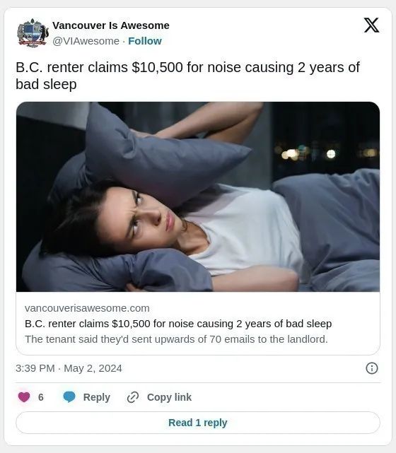 房东太难了！隔壁太吵睡不好 BC租客要求赔万元
