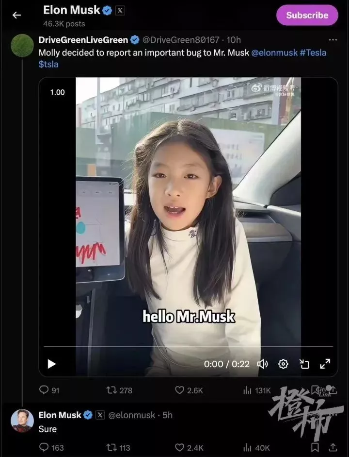 中国7岁小女孩发现特斯拉“技术缺陷” 马斯克回复了