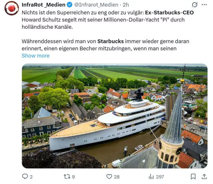 星巴克大佬超级游艇 通过荷兰狭窄运河 贴墙航行…