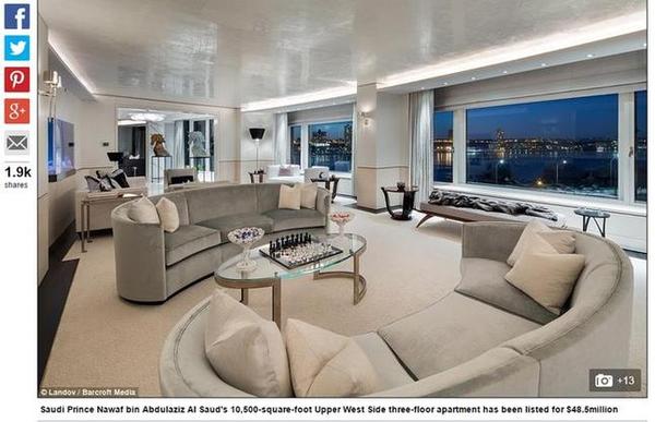 沙特王子位于纽约曼哈顿的豪宅准备以4850万美元出售。（图片来源：《每日邮报》）