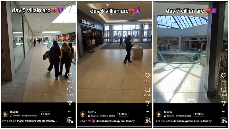 Instagram 账户 fiive1k 和 TikTok 账户 fiiivestar 的拥有者在安大略省伦敦的一家购物中心拍摄接近女性的视频。其中一名女性，一位18岁女孩，向 CBC 新闻表达了自己的看法。(Kendra Seguin/CBC News)